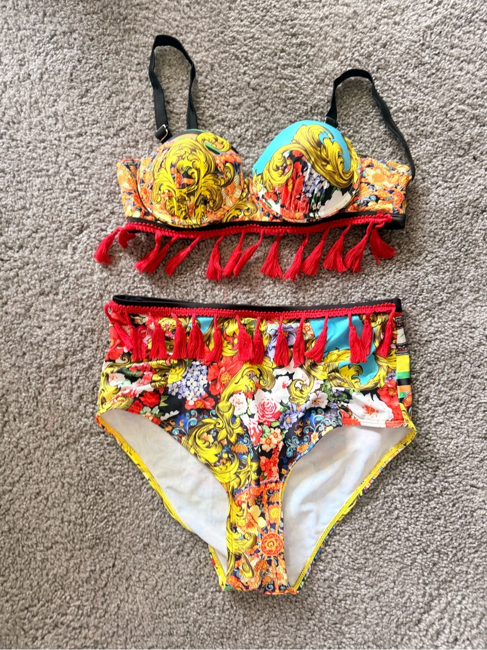 Vibrant Tassel Two-Piece Bikini in Yellow, Red & Turquoise